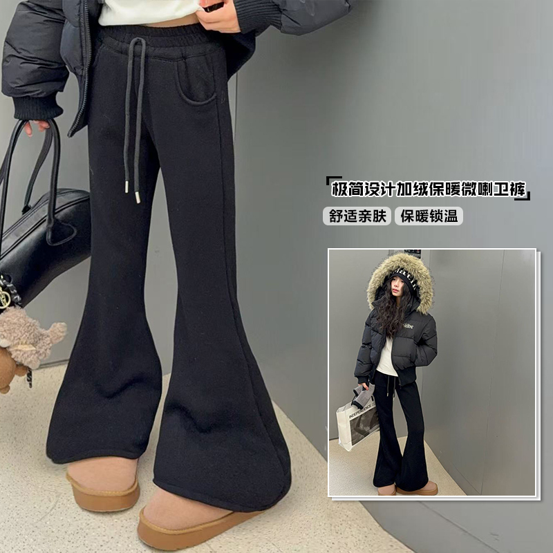 黑色微喇休闲裤女童冬季2025新款加绒加厚弹力运动卫裤棉服套装