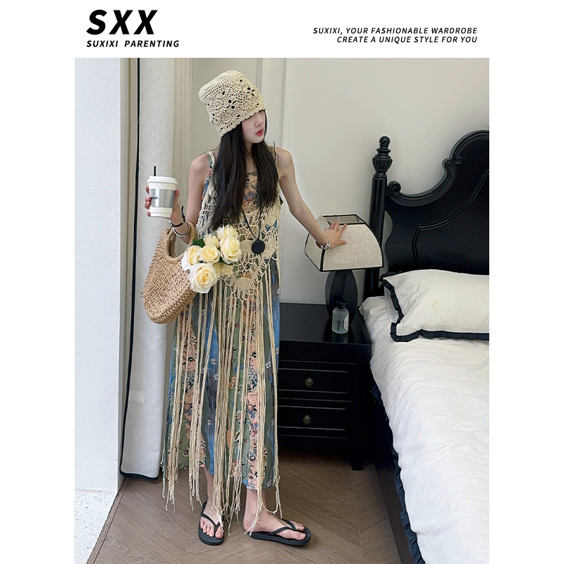 2025女童夏季新款波西米亚外衫流苏吊带连衣裙时尚休闲气质套装