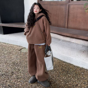 女童羊羔毛套装2025秋冬新款加厚卫衣卫裤连帽中大童冬装两件套