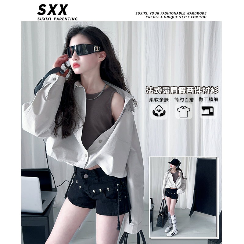 女童2025春秋季新款韩版气质落肩袖衬衣设计感假两件长袖衬衫上衣