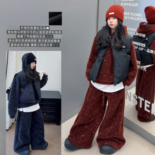 新年战袍马甲套装女童2025冬季加厚毛感套装男女款彩织连帽卫衣