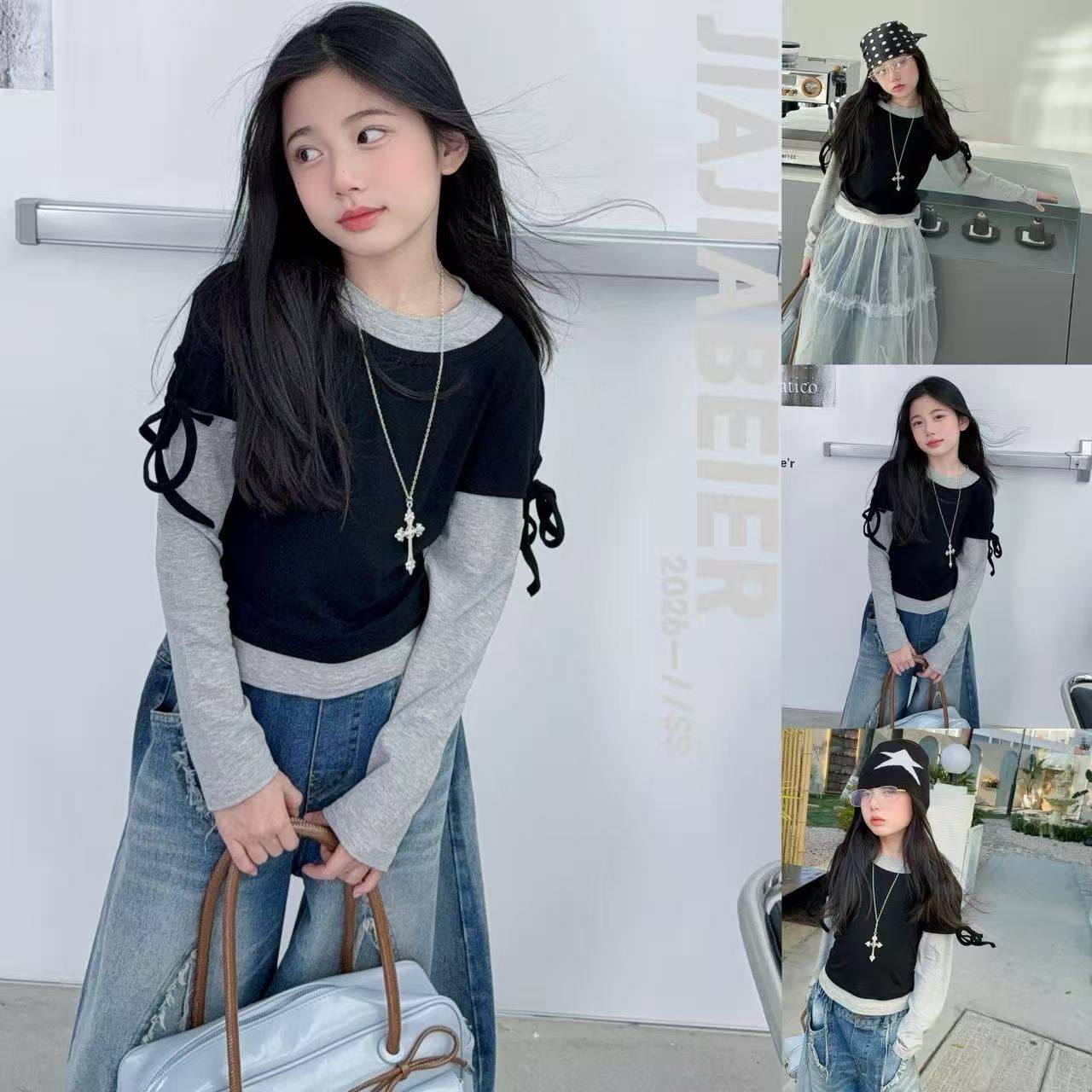 女童2026春秋新款复古水洗做旧牛仔裤街舞宽松弯刀拖地裤百搭套装,童装/婴儿装/亲子装,套装,淘宝优惠券,粉丝福利购,淘宝优惠卷