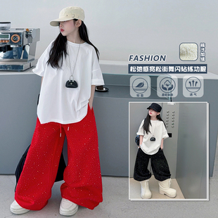 女童烫钻运动裤2026新款儿童加绒弯刀裤女孩中大童红色拜年服裤子