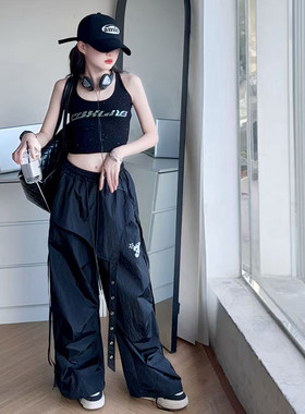 美式烫钻街舞背心两件套女童2025夏季新款嘻哈轻薄速干伞兵裤套装