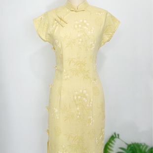 （芷兰105cm）夏季薄款浅黄色旗袍减龄少女日常款旗袍国风文艺款