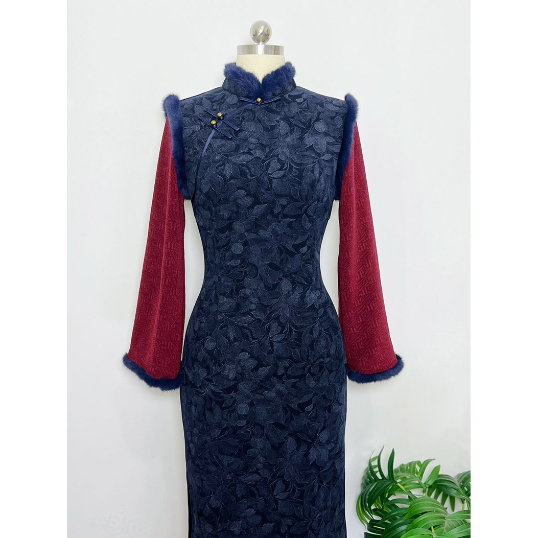 （暮染125cm）复古气质改良旗袍长袖加绒秋冬新款日常旗袍连衣裙