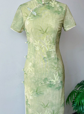 旗袍女夏装薄款气质素雅旗袍绿色竹叶清新节节高升高考旗袍A70