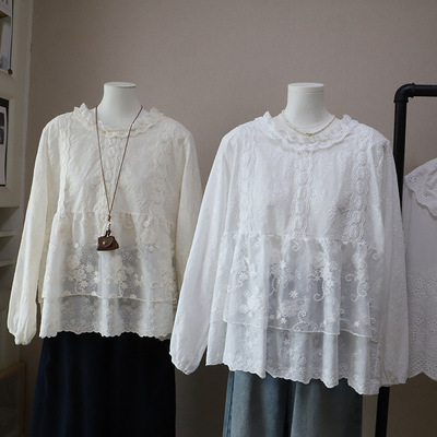 [比正]2026早春新款韩系蕾丝花边刺绣宽松显瘦泡泡长袖衬衫女5850