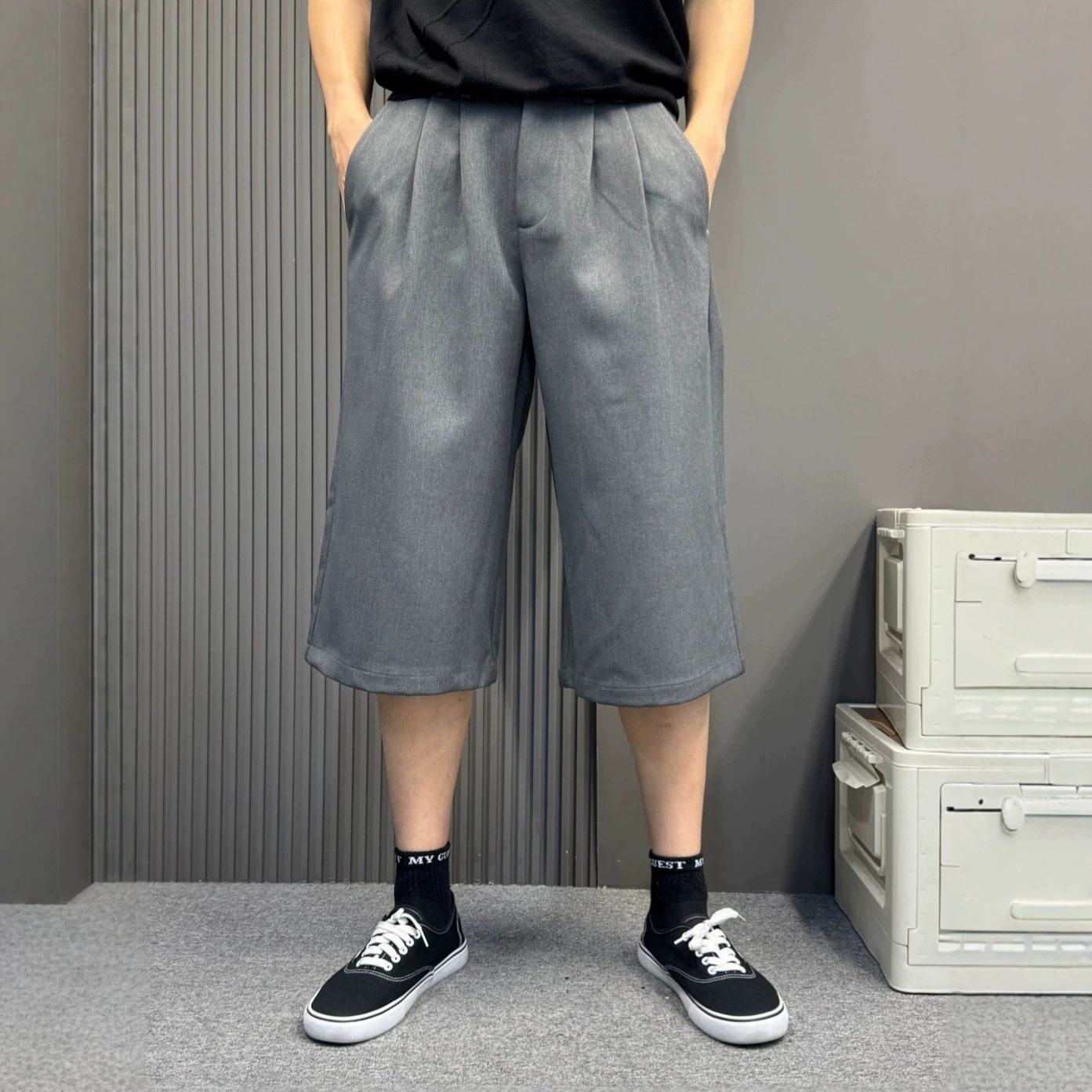灰色西装七分裤男士夏季薄款宽松垂感阔腿短裤轻熟风休闲通勤西裤