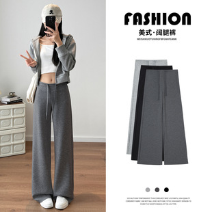 运动裤女夏薄款2026新款灰色裤子小个子休闲宽松慵懒风直筒阔腿裤