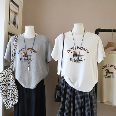 [比正]2026早春新款韩版圆领磨毛字母卡通休闲百搭短袖T恤女5932