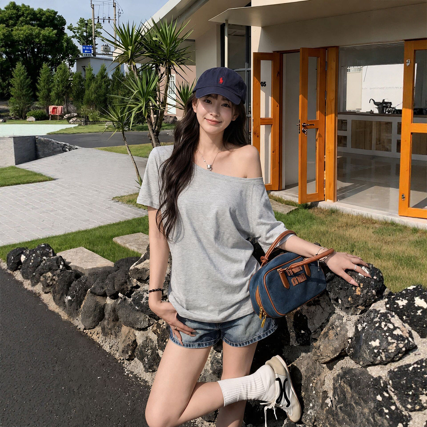 灰色斜肩短袖女款2026夏季新款巨好看辣妹t恤高级感修身露肩上衣