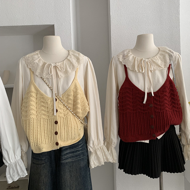 欧玛莱 温柔风气质荷叶边喇叭长袖衬衫叠穿针织吊带两件套女 5818