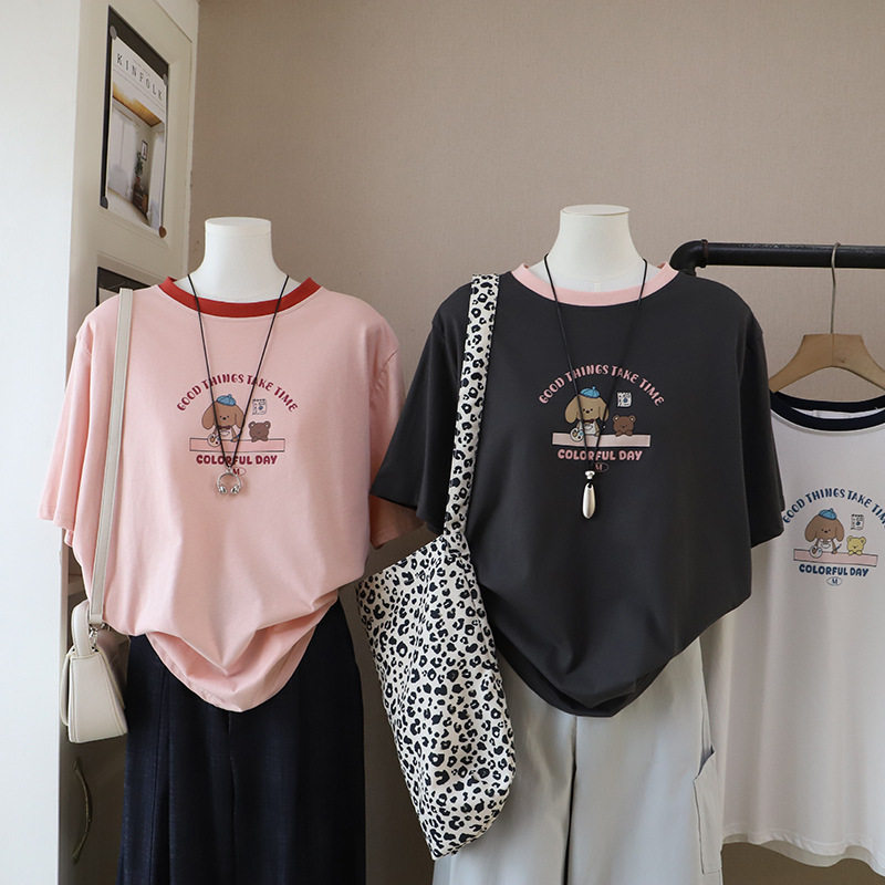 [比正]韩系女装T恤批发 2026春夏季新款宽松撞色印花短袖上衣5915