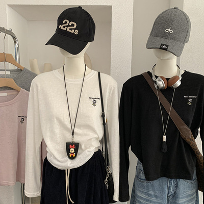 欧玛莱 动漫卡通刺绣圆领微透长袖内搭T恤女春季休闲简约上衣6505