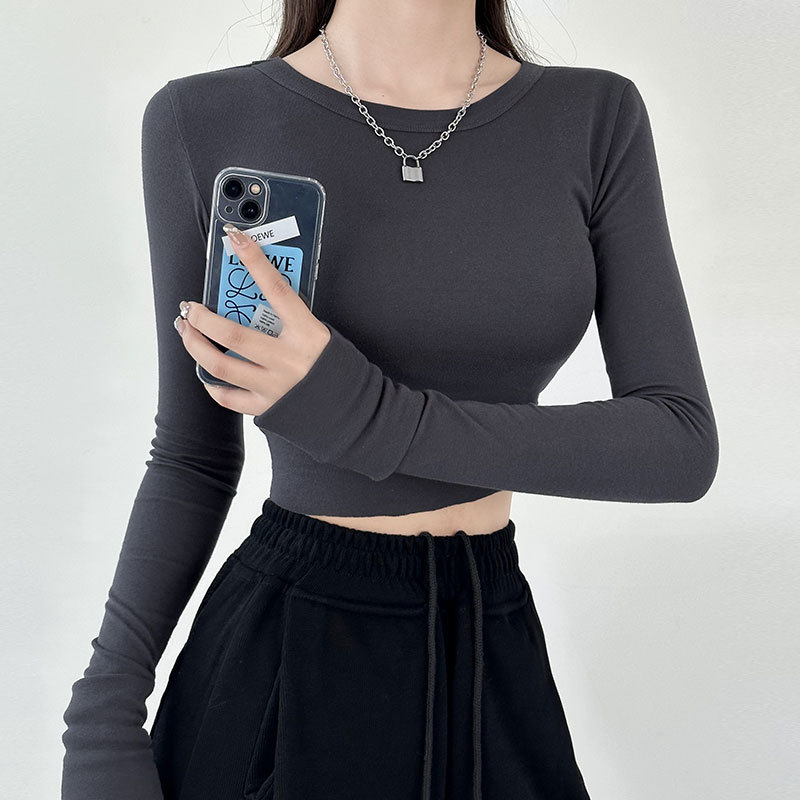 灰色长袖t恤女装外穿春夏季2026新款设计感小众内搭辣妹短款上衣