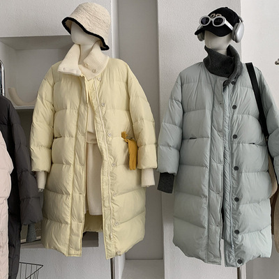 欧玛莱 拼接针织立领长款羽绒服女冬季保暖白鸭绒面包服外套 5953