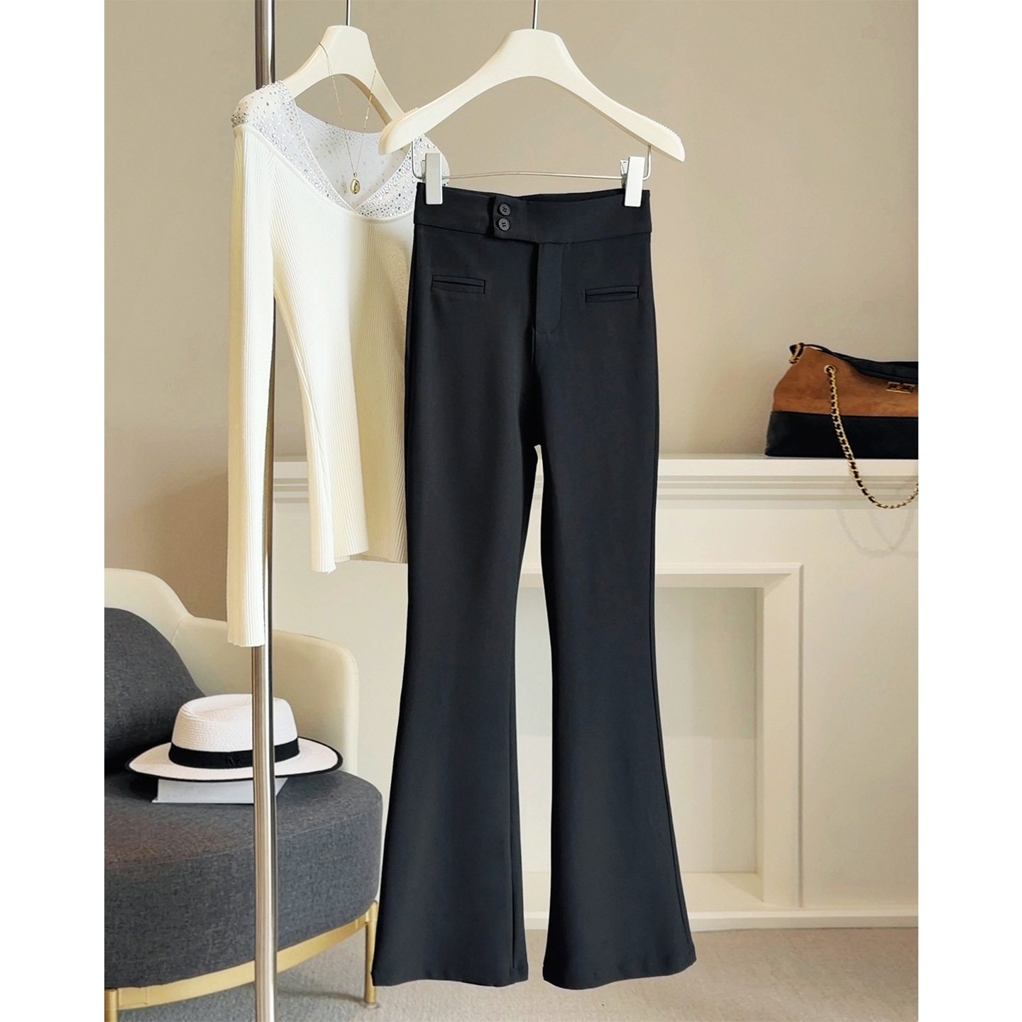 小个子黑色西装微喇裤女春秋高腰显瘦修身弹力拖地马蹄喇叭长裤子