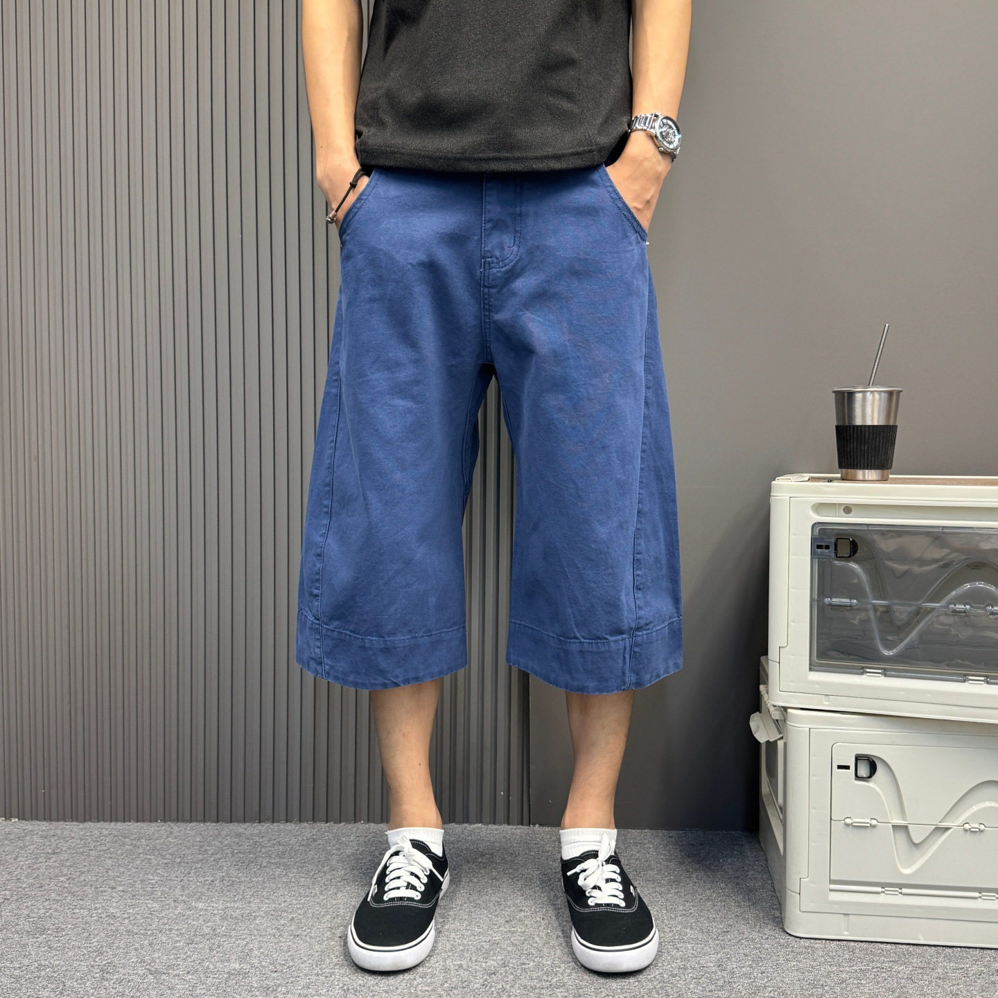 法工蓝色户外工装短裤男女夏季潮牌痞帅炸街裤子宽松阔腿七分短裤