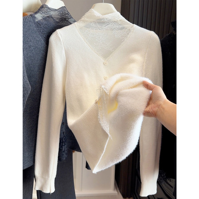 加绒加厚V领蕾丝拼接假两件打底衫女秋冬内搭针织衫上衣外穿毛衣