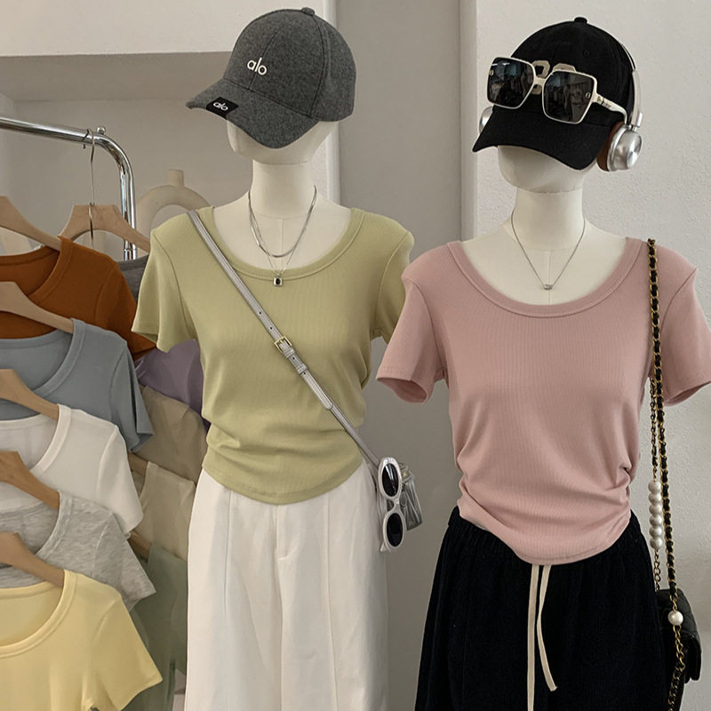 欧玛莱 圆领下摆弧形短袖上衣女2026春夏季新款螺纹棉短款T恤6417