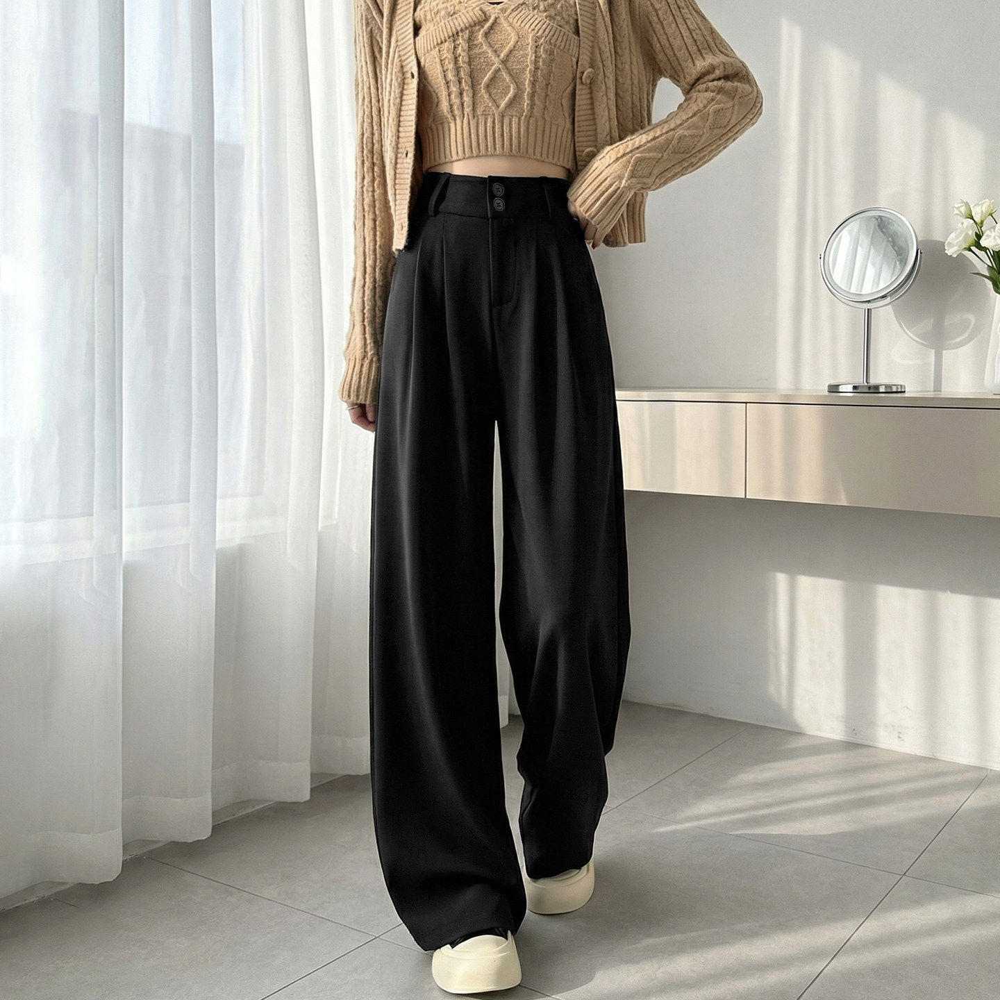 黑色西装裤子女春秋高级感垂感休闲西裤小个子冬季加绒直筒阔腿裤