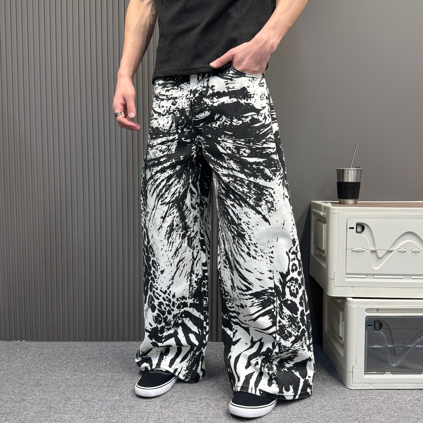 原创小众设计感复古休闲斑马纹印花直筒阔腿牛仔休闲长裤男女同款