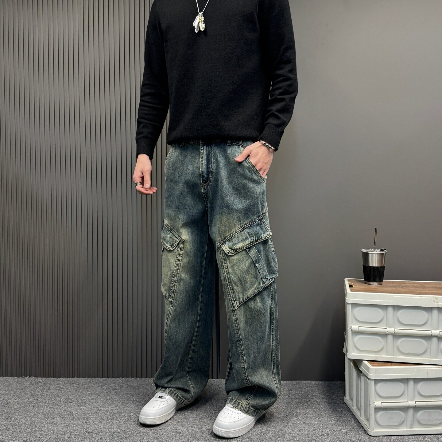 美式高街复古多口袋中性工装牛仔裤男女同款直筒情侣男女同款裤子