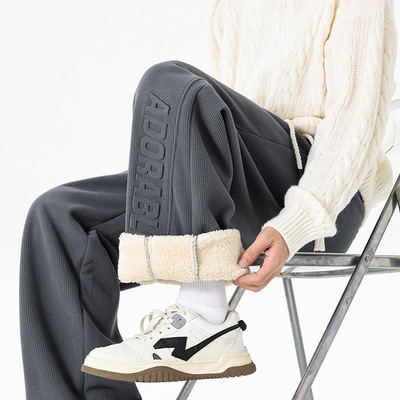 加绒加厚裤子男士冬季新款保暖羊羔绒卫裤宽松青少年运动休闲长裤