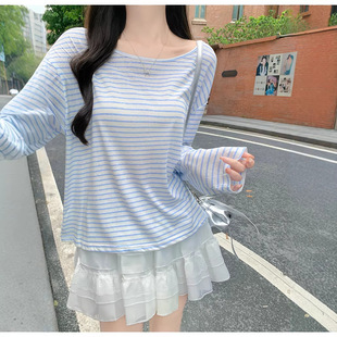 韩系纯欲甜辣露背系带薄款长袖T女早春宽松显瘦条纹防晒空调罩衫