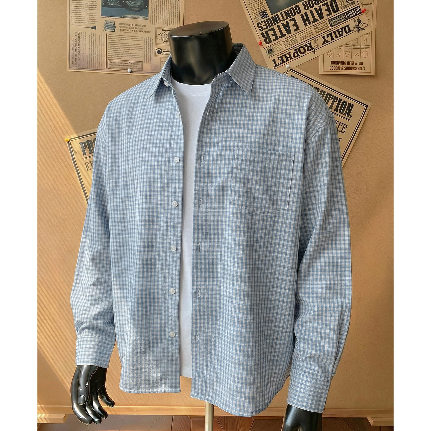 撞色格子长袖衬衫男春季宽松休闲浅蓝格纹miu系穿搭风衬衣闲外套