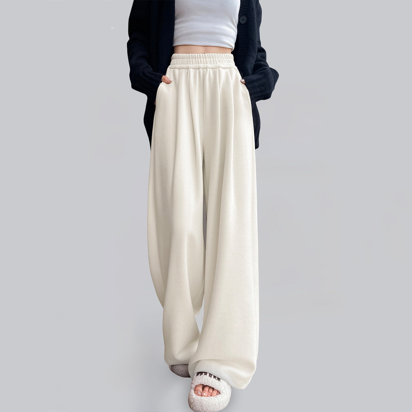 奶芙白色阔腿裤女秋冬季高腰垂感宽松休闲慵懒小个子加绒糯米裤子