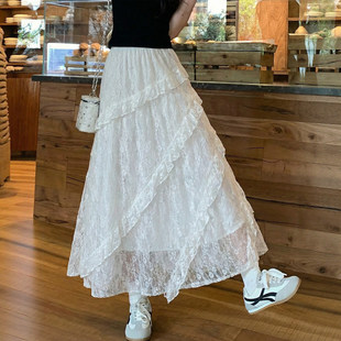 白色蕾丝半身纱裙女春季2026新款高腰a字半裙不规则蛋糕裙子长裙