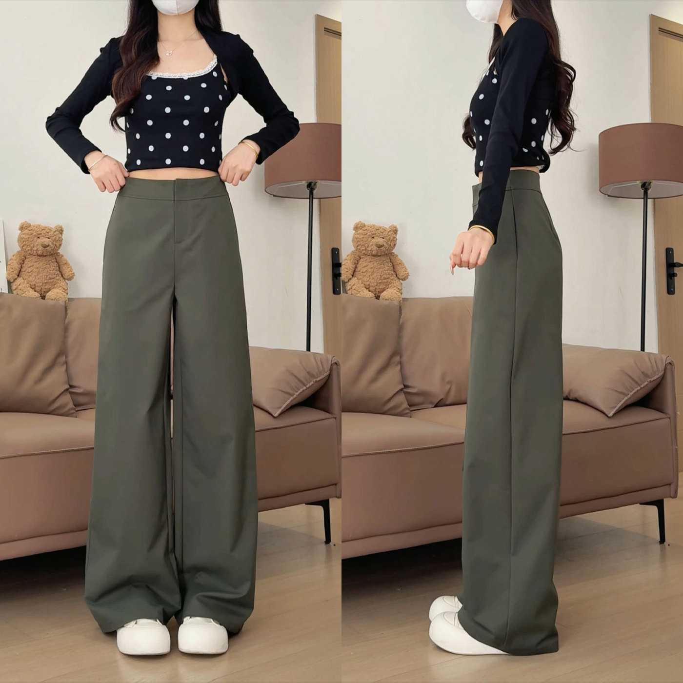军绿色老钱风西装裤女2026新款高级感垂感小个子休闲显瘦阔腿裤子
