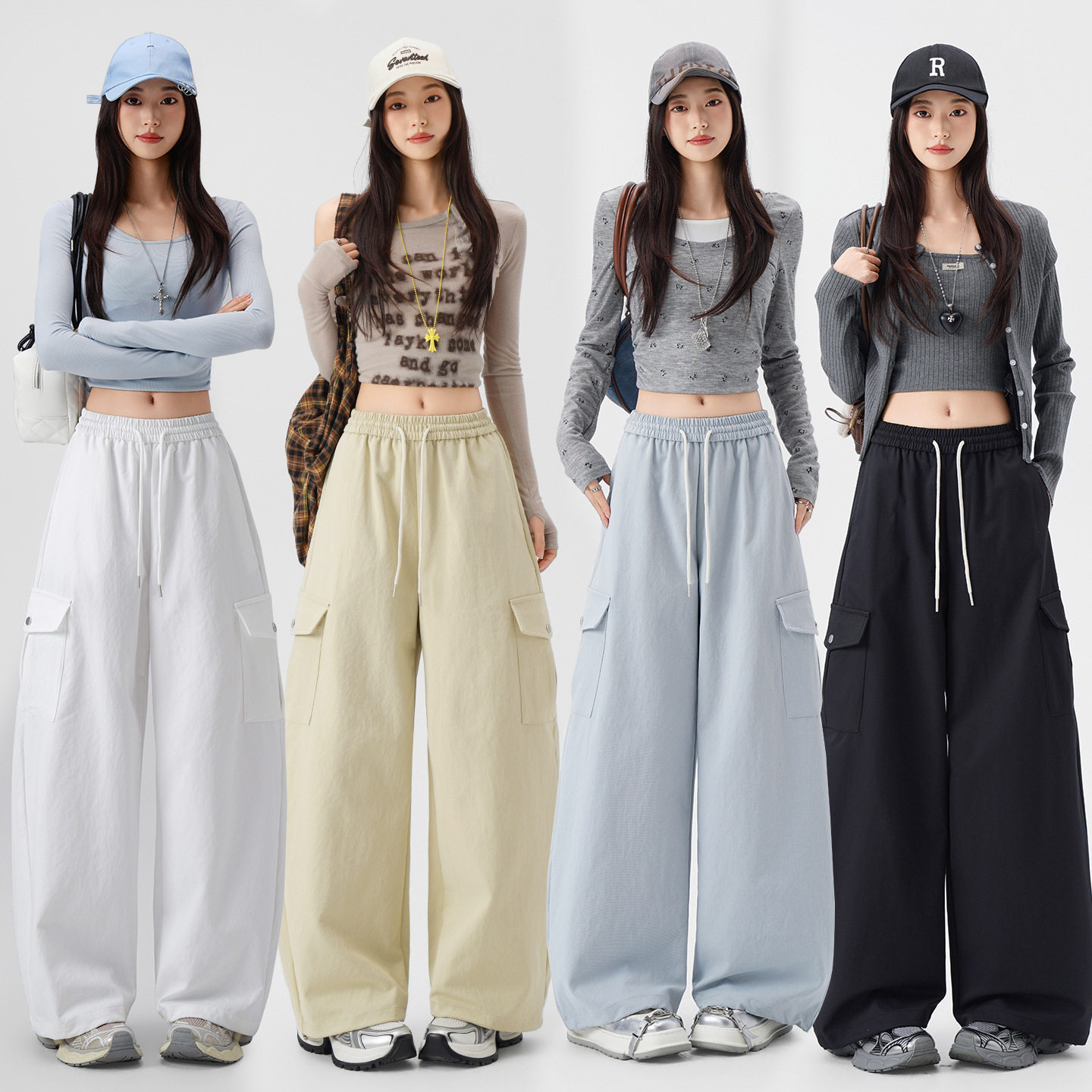 2026新款高腰美式工装裤女春季新款宽松显瘦运动休闲束脚两穿裤子