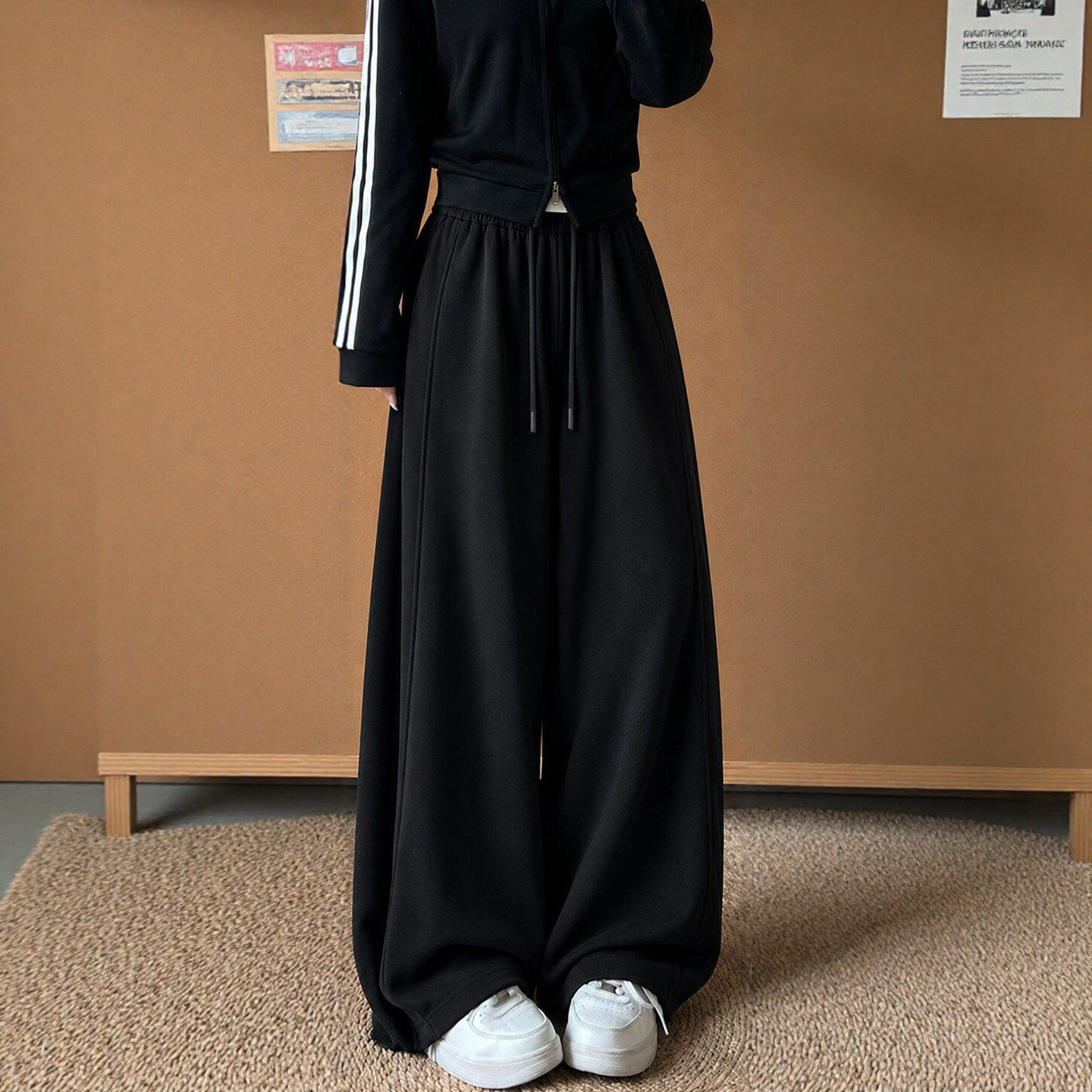 运动裤女款2026新款加绒直筒卫裤小个子黑色宽松休闲窄版阔腿裤子