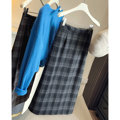 格子开叉半身裙女秋冬2025新款修身加绒加厚毛呢中长款直筒包臀裙