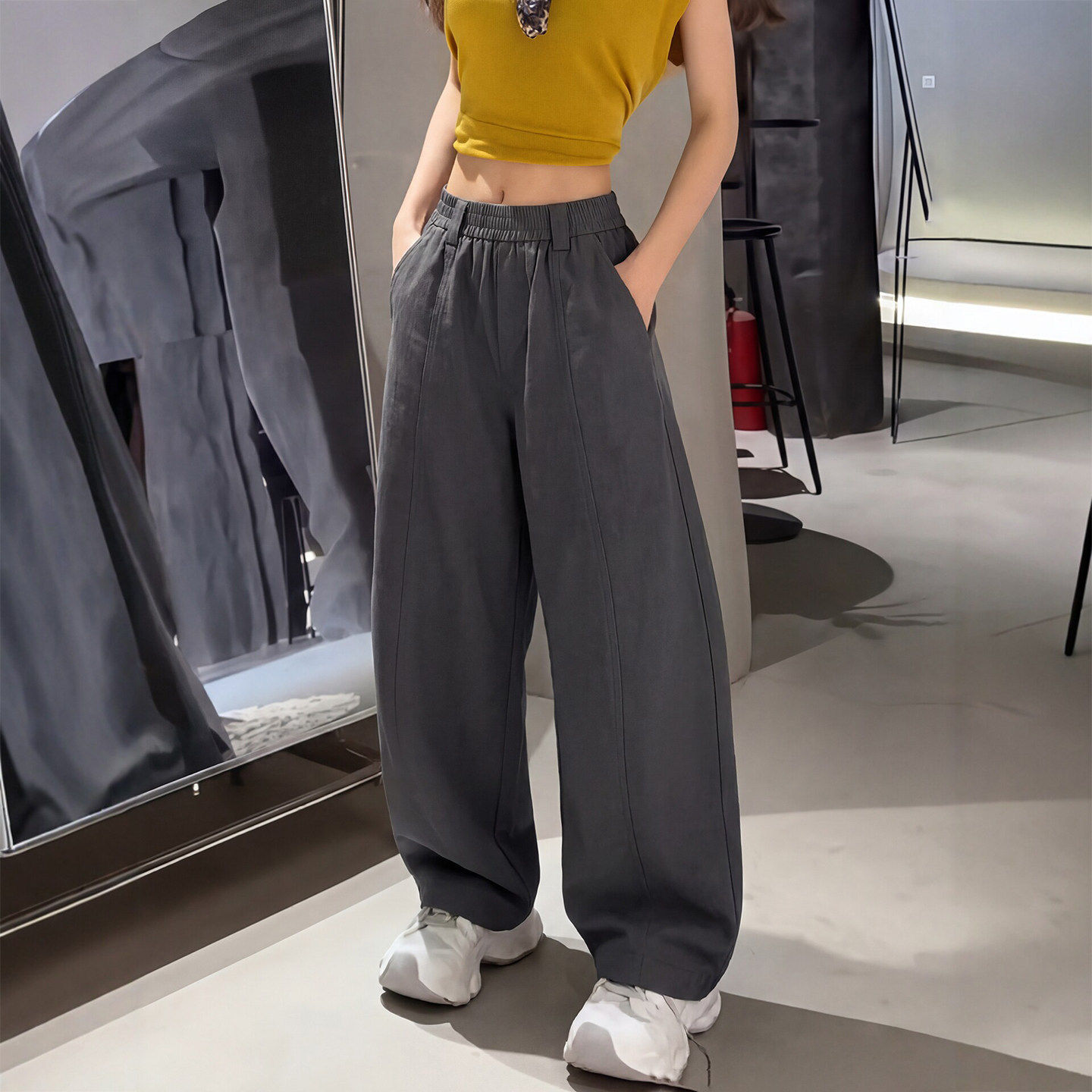 灰色工装弯刀裤夏季薄款女款2026新款宽松休闲小个子休闲阔腿裤子