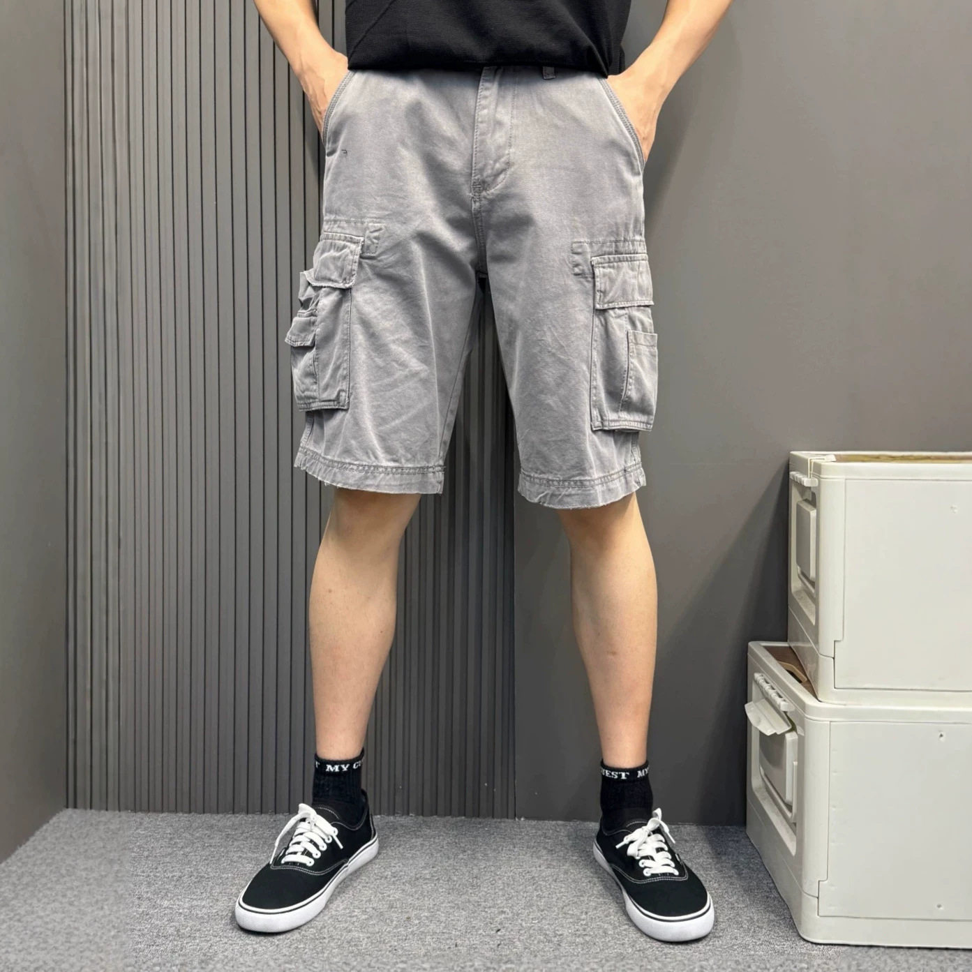 多口袋工装短裤男夏季浅蓝色水洗做旧宽松直筒五分裤复古休闲中裤