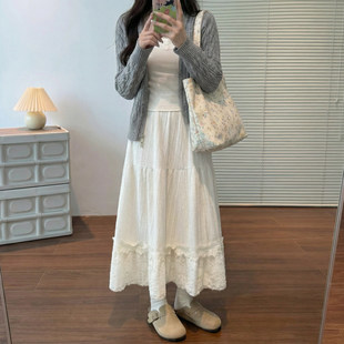 白色蕾丝半身裙女装2026新款春秋a字长裙小个子针织松紧腰蛋糕裙