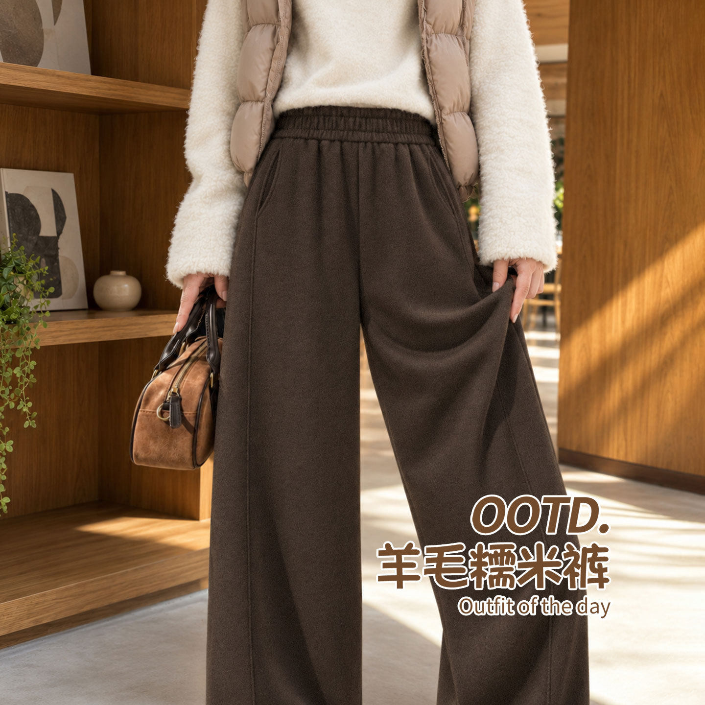 咖色毛呢阔腿裤女秋冬新款小个子宽松慵懒休闲卫裤高腰垂感弯刀裤