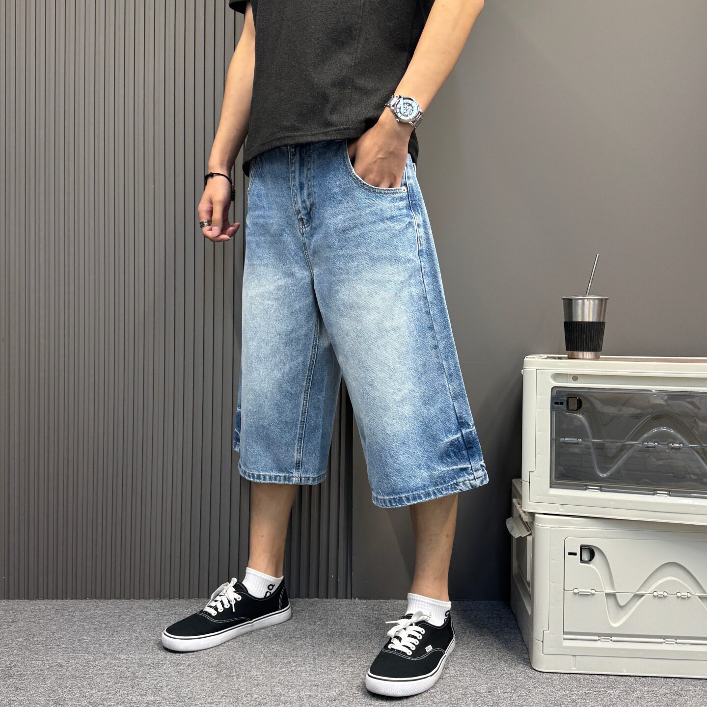 美式复古水洗牛仔七分裤子男款高级感宽松阔腿中裤夏季高街短裤潮