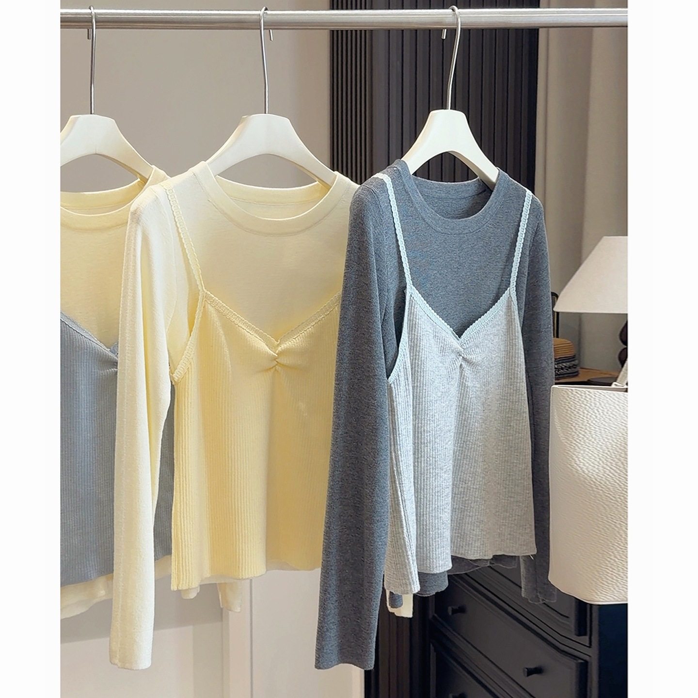 春季时尚套装女ins风六羊毛针织吊带背心软糯长袖内搭打底两件套