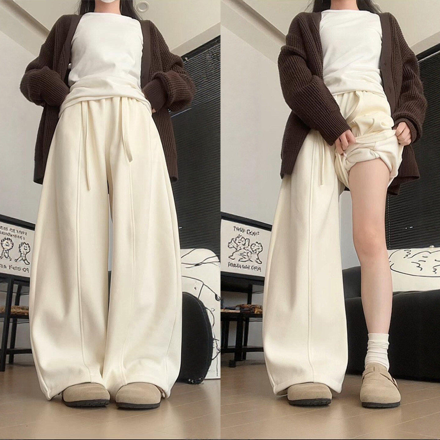 白色弯刀阔腿裤女秋冬新款加绒加厚宽松慵懒小个子休闲灯芯绒裤子