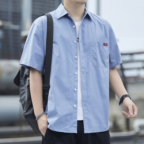 日系复古纯色工装男士短袖衬衫夏季新款宽松纯棉衬衣重磅薄款外套
