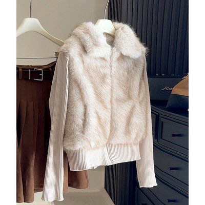 年轻环保皮草毛毛外套女2025冬季新款假两件可拆卸针织袖马甲上衣