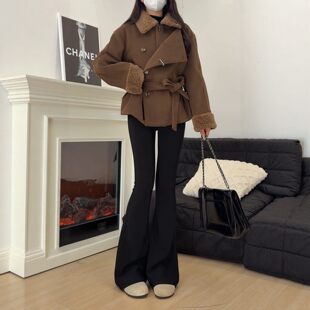 黑色微喇叭裤女裤子秋冬季加绒胖mm大码梨形报恩裤高腰显瘦西装裤