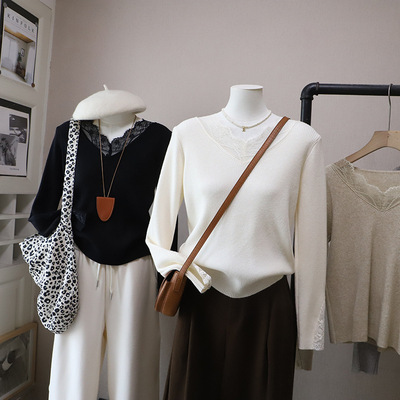 [比正]2025秋冬新款韩版蕾丝拼接V领显瘦百搭女式针织打底衫5708