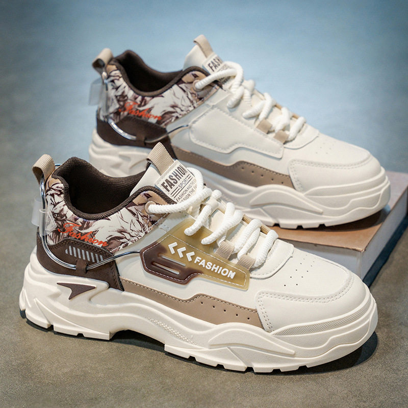 男鞋2026春季新款皮面透气休闲运动板鞋青少年厚底增高防滑工装鞋