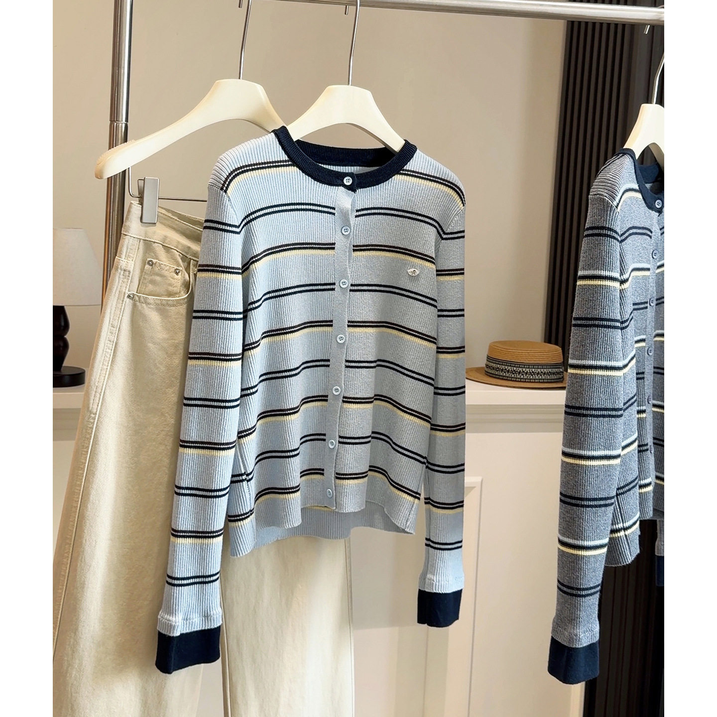 韩系六羊毛条纹针织开衫外套女春秋季新款高级感宽松显瘦外搭毛衣